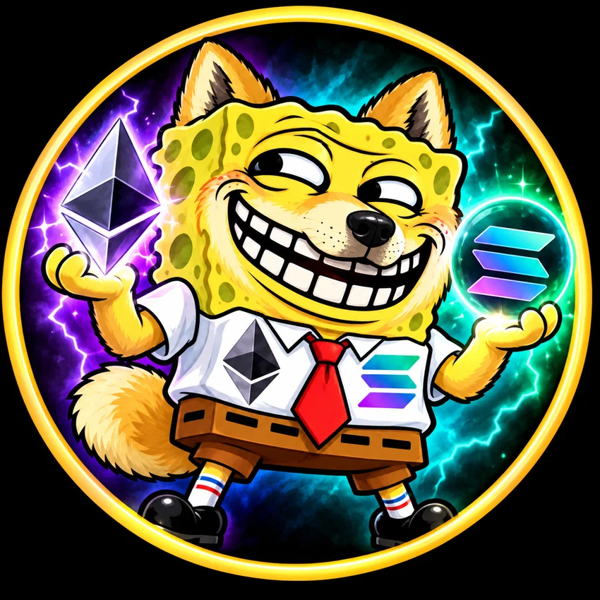 Three-founder fusion mascot with glowing Ethereum and Solana symbols