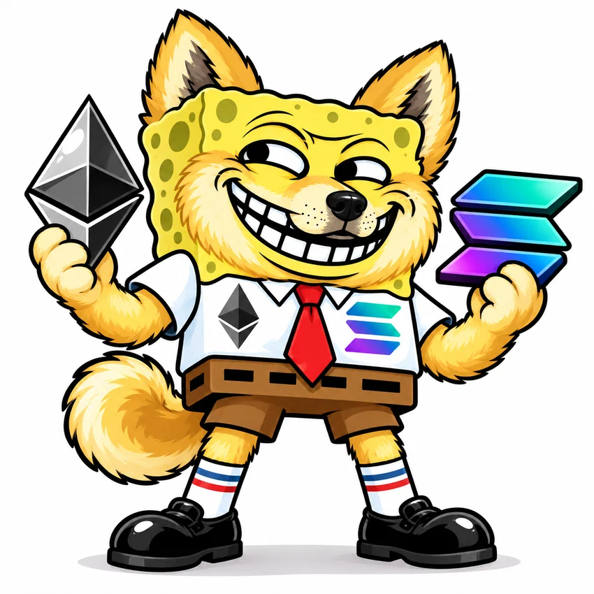 Final fusion mascot, a SpongeBob, Trollface, and Doge blend holding an Ethereum diamond and a Solana mark