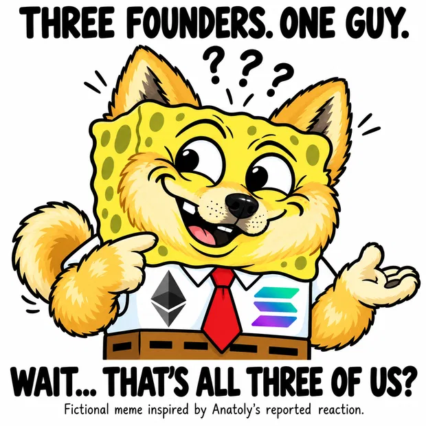 Confused fusion mascot pointing at himself. The picture says: Wait... that's all three of us?