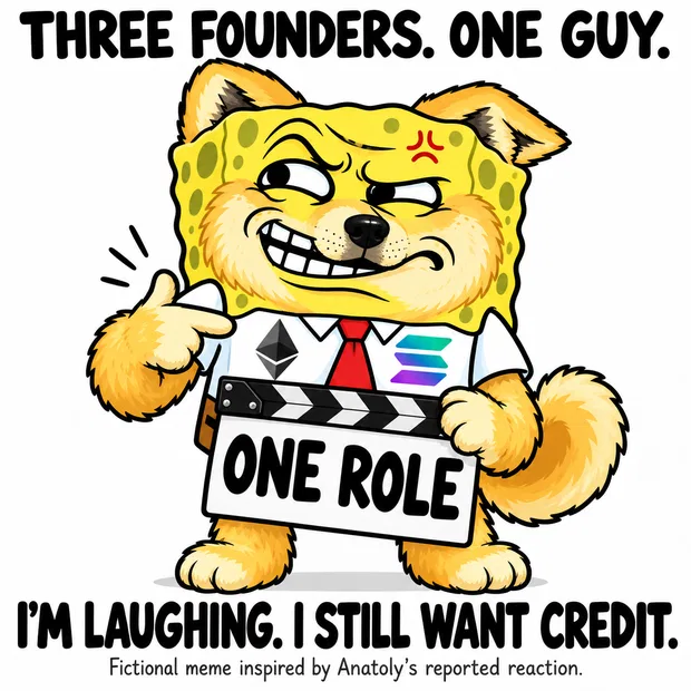 Smirking fusion mascot holding a clapperboard that says One role. Caption: I'm laughing. I still want credit.
