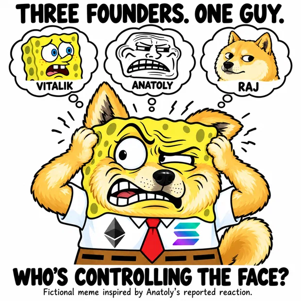 Stressed fusion mascot clutching his head. Thought bubbles show Vitalik, Anatoly, and Raj. Caption: Who's controlling the face?