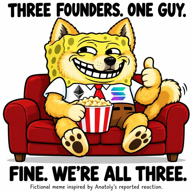 Relaxed fusion mascot on a red couch with popcorn. Caption: Fine. We're all three.