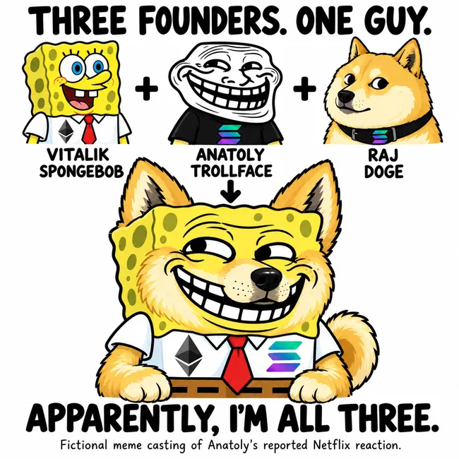 Diagram labeled Three founders. One guy. Vitalik as SpongeBob, Anatoly as Trollface, and Raj as Doge combine into one mascot saying Apparently, I'm all three. Fictional meme casting of Anatoly's reported Netflix reaction.