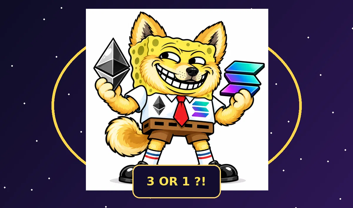 The final three-founder mascot holds Ethereum and Solana imagery under the question 3 OR 1?!