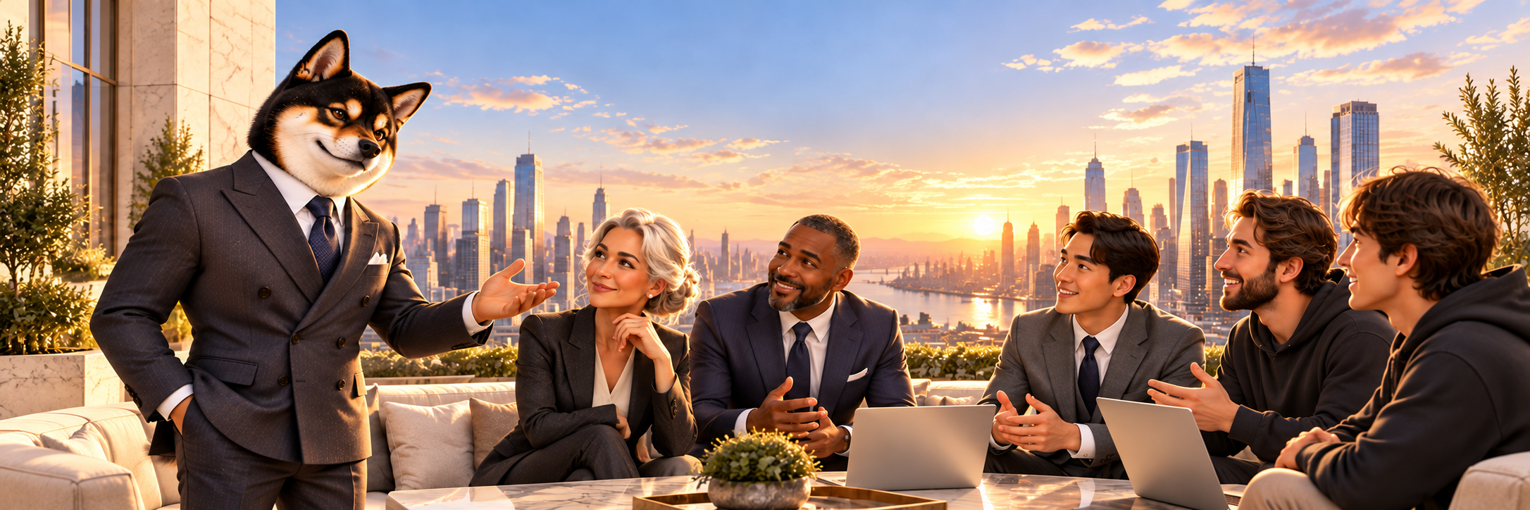 The fictional Shiba banker, financiers, and builders gather above a city at sunset.