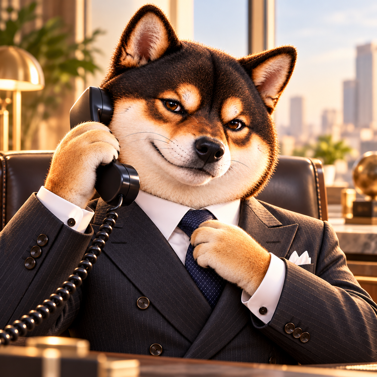 A close-up of the Shiba banker taking a phone call.