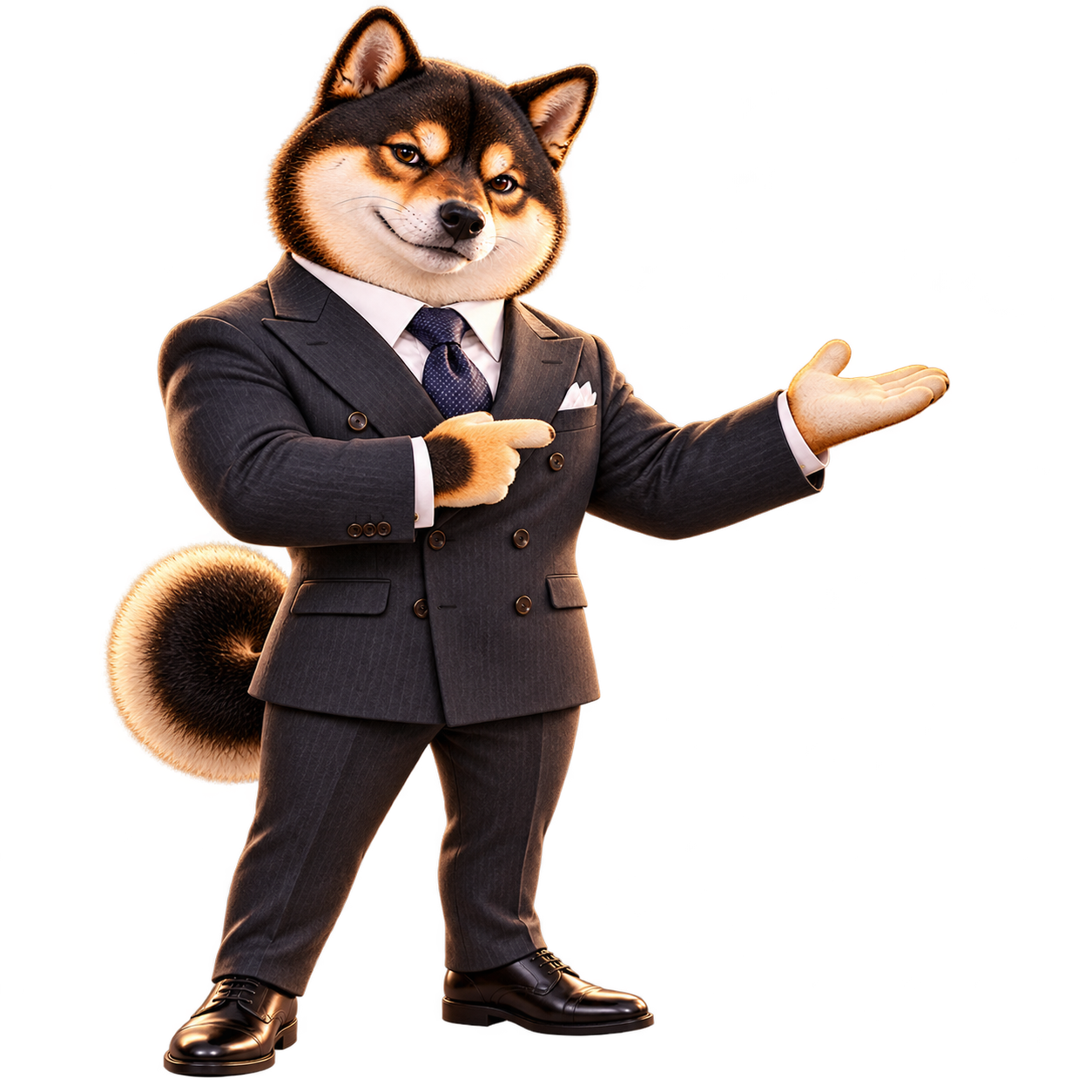 Shiba banker welcoming visitors with an open paw.