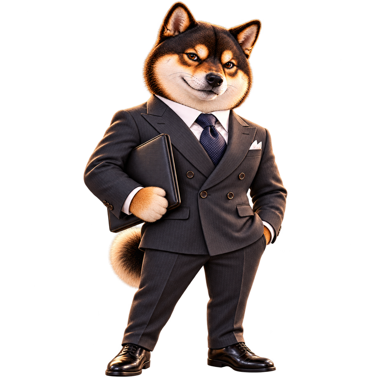 Shiba holding a plain portfolio.