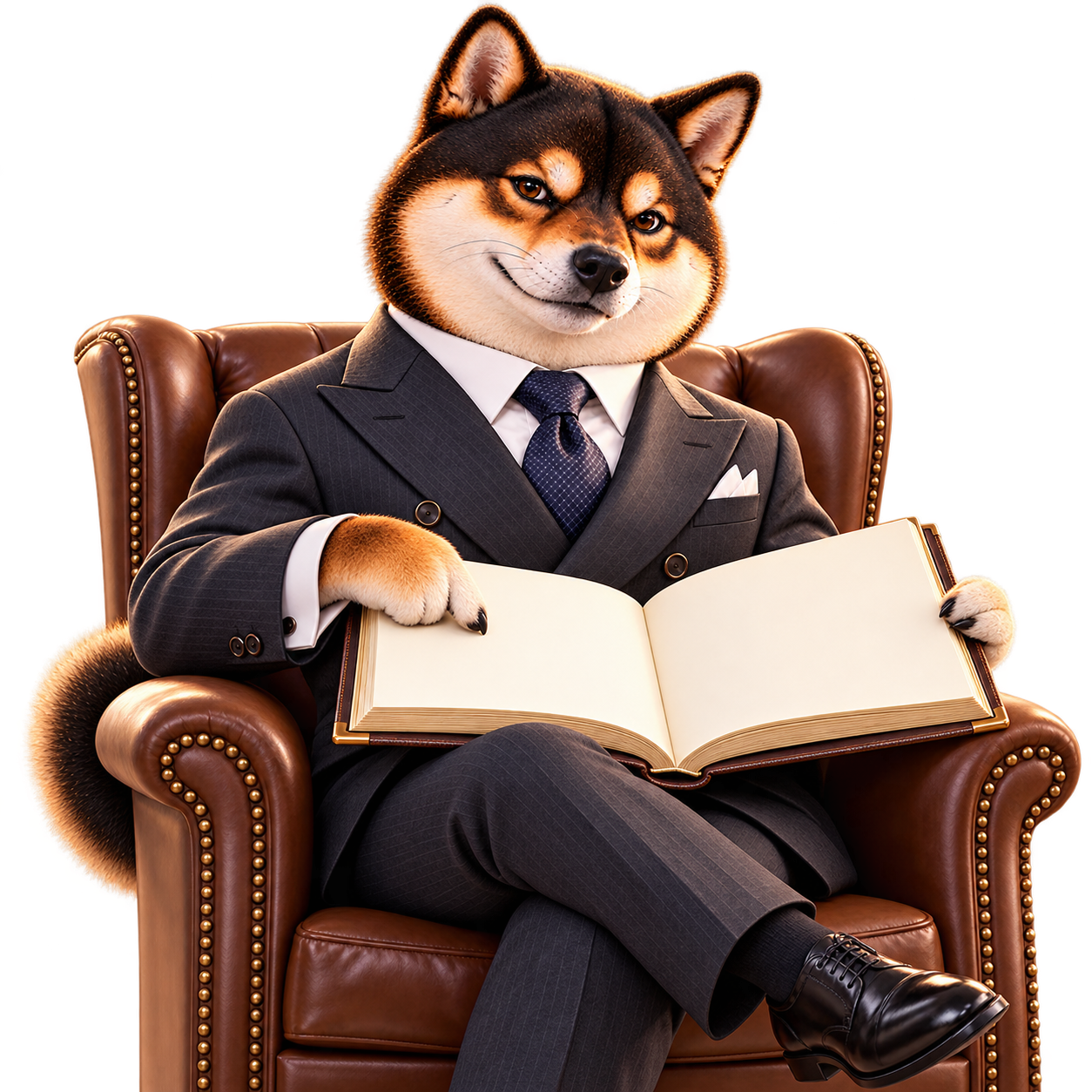 Shiba banker seated beside an open blank ledger.
