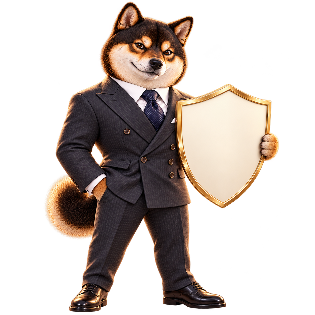 Shiba holding an unmarked shield.