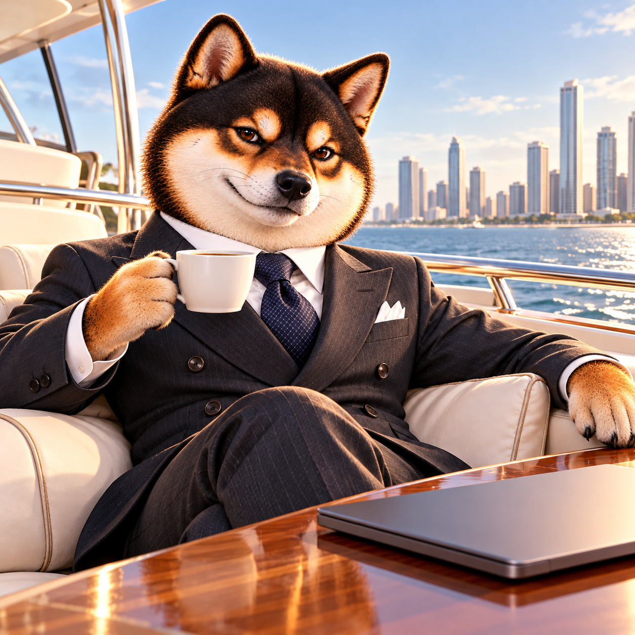 Relaxed on the deck of a modern yacht, dark suit immaculate, coffee cup in paw, distant city skyline, a closed unbranded laptop; quietly triumphant expression.