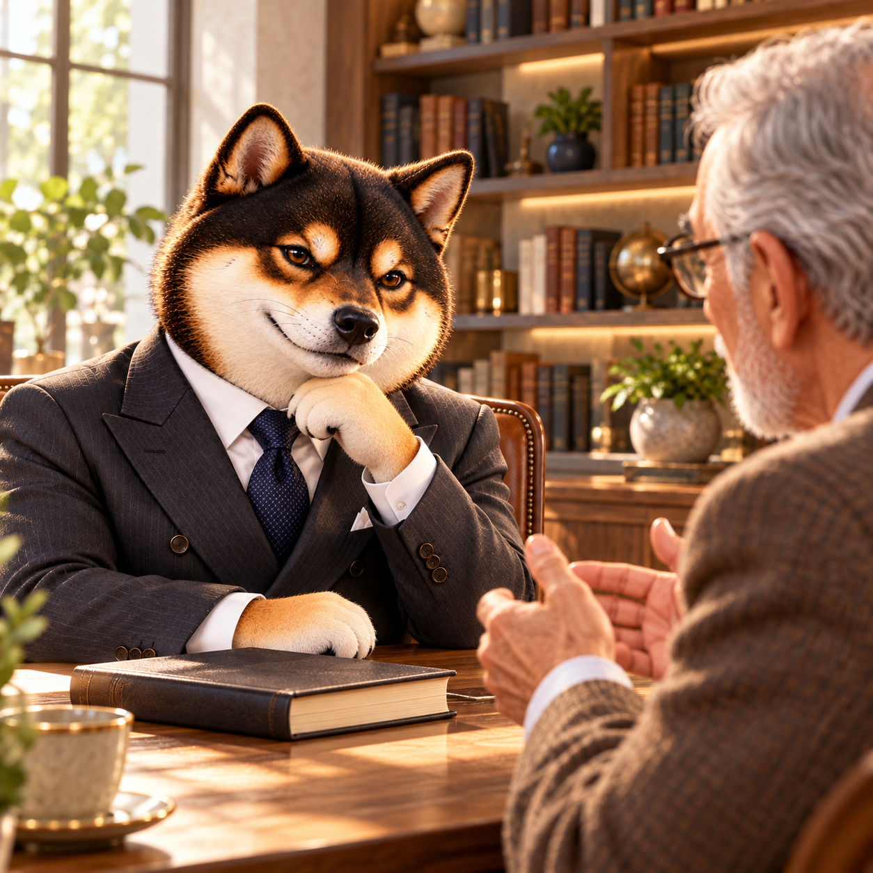 Listening thoughtfully to an anonymous elderly human gentleman in a warm modern library; both seated, the Shiba calmly nodding beside a completely blank closed book.
