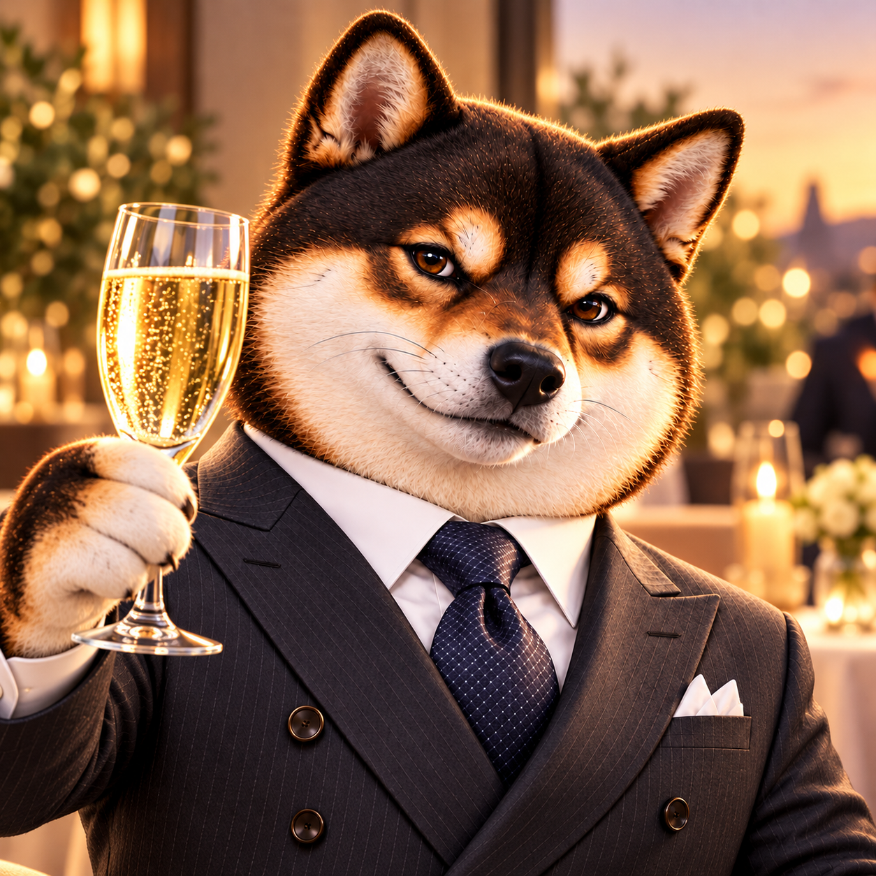 Raising a single elegant clear glass in a modest celebratory toast at a warm evening gathering; close-up knowing smile, tasteful bokeh, no drinking labels.