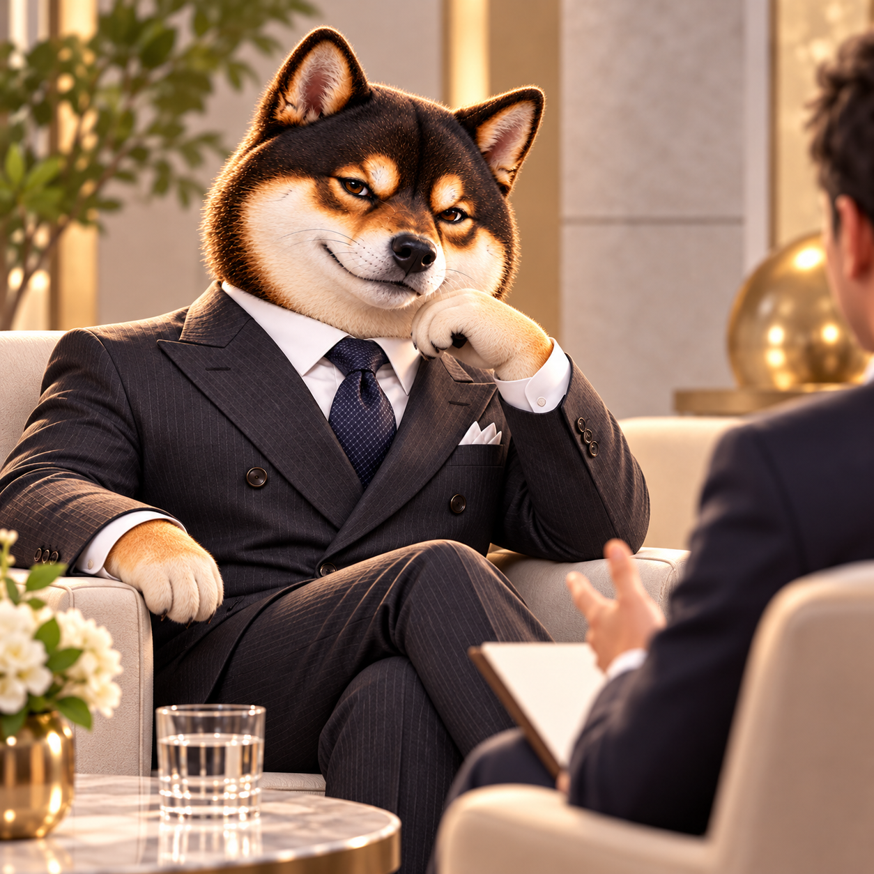 Seated confidently in a sophisticated broadcast-style interview chair opposite one anonymous human interviewer; tasteful studio, no screens, signs or branding; an amusing unbothered expression.