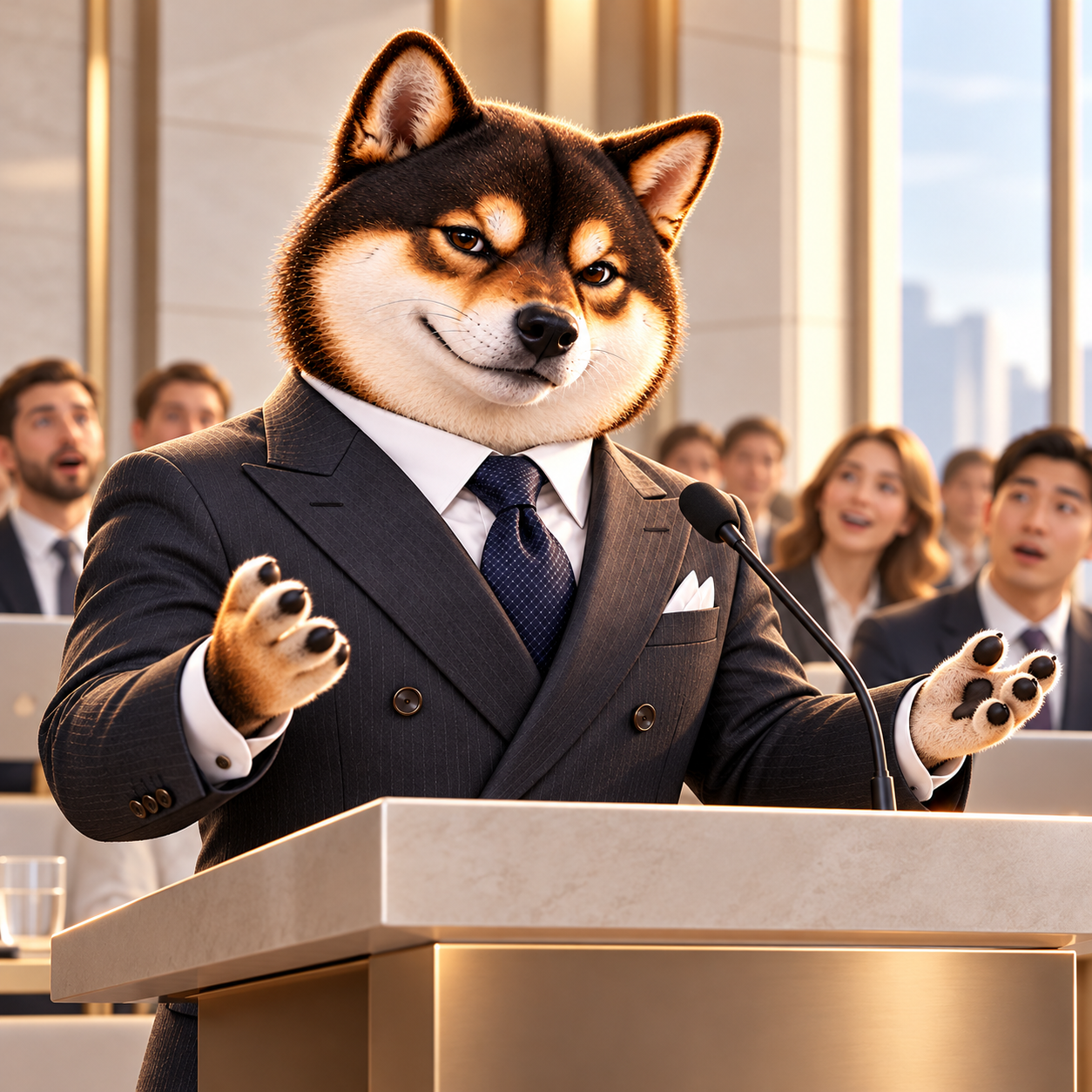 Confidently at a plain unmarked lectern in a modern conference room with anonymous suited attendees; no flags or written signs; subtly surprised faces in the background.