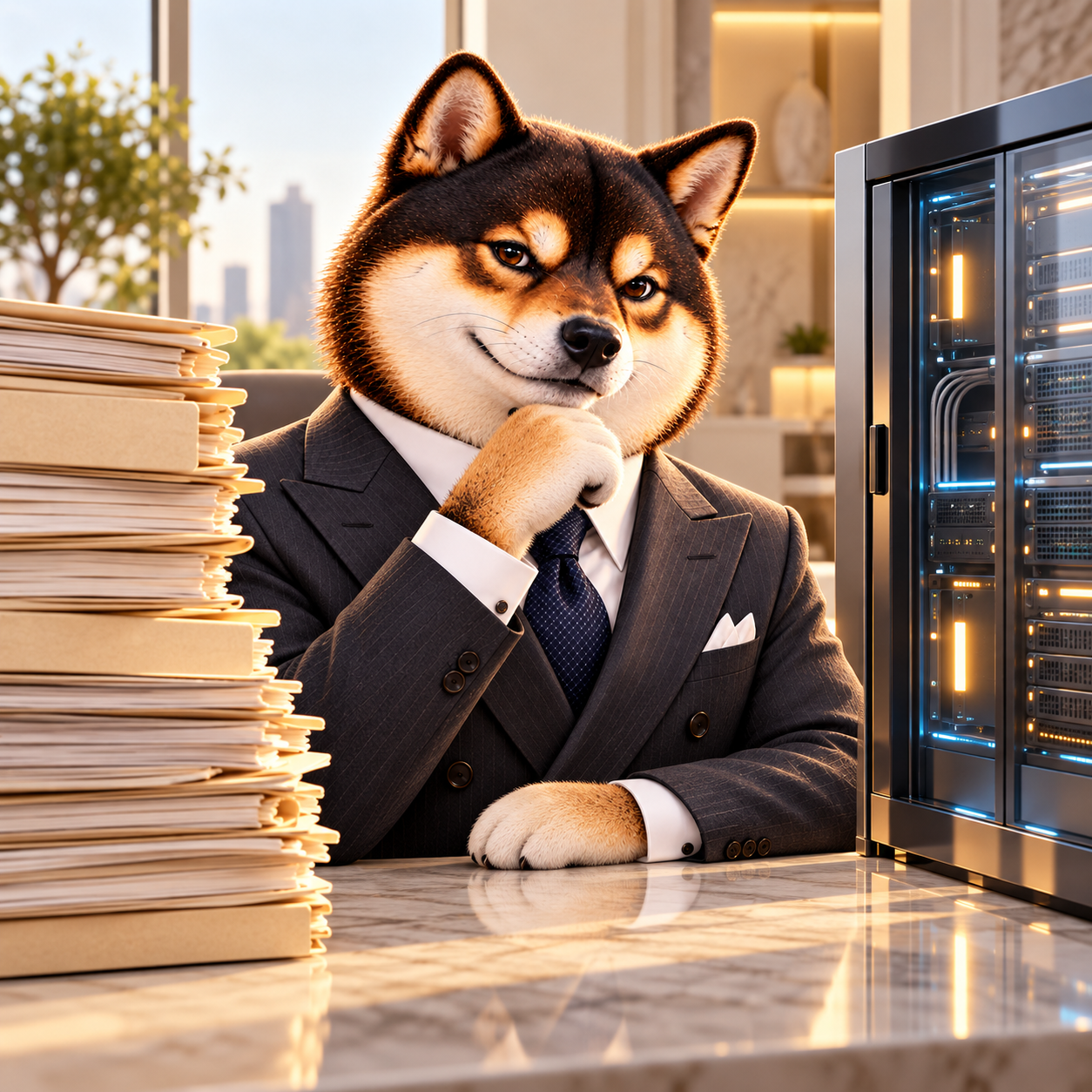 Comparing an old stack of completely blank paper folders on one side of a desk with a modern glass server cabinet on the other; thoughtful confident expression; a single coherent scene.