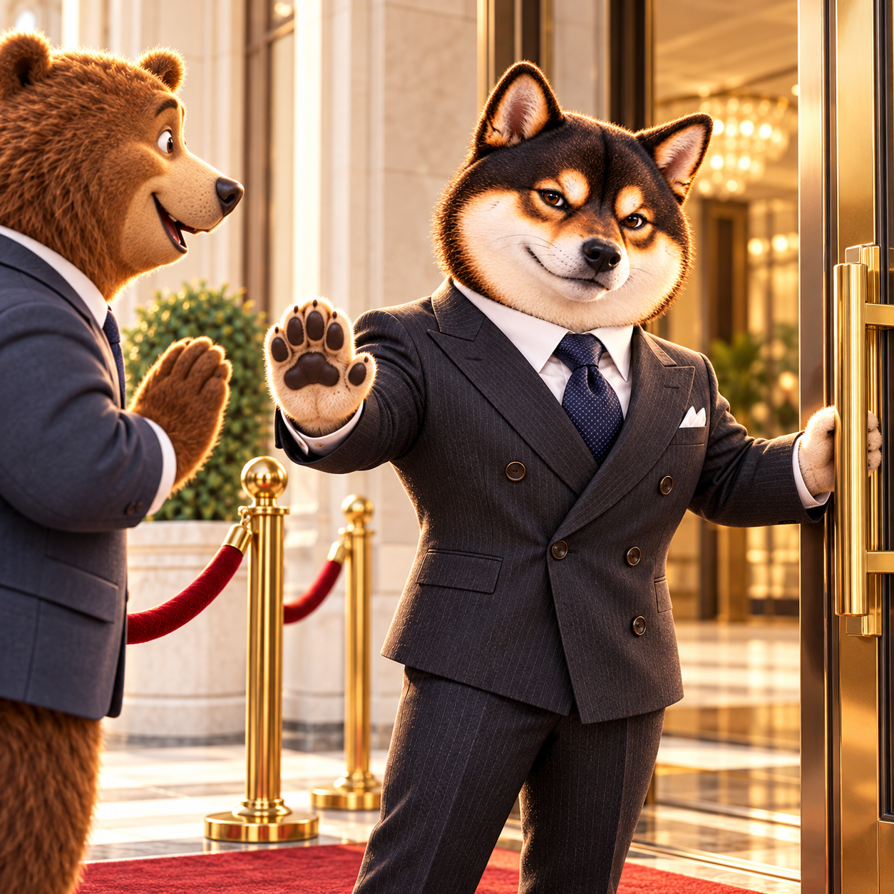 Calmly holding a doorway open with one paw while politely stopping a friendly stylized brown bear in a plain suit with the other; velvet-rope lobby humor, no signs or text.