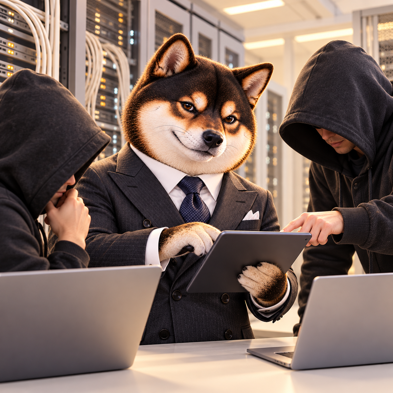 In a clean server room collaborating with two anonymous hoodie-wearing human builders; softly glowing unlabelled indicator lights, paws on a blank tablet, collegial focus.