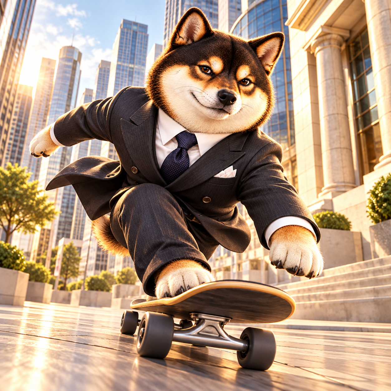 Riding a plain skateboard through a sunlit financial district plaza, suit jacket flowing slightly, delighted self-assured face, low-angle dynamic pose frozen in one image.