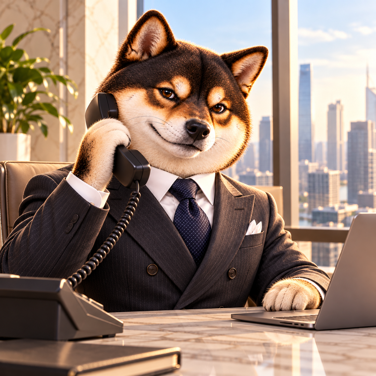 Answering an unbranded telephone at a clean desk beside tall city windows; a subtle knowing smile, paw holding handset, no signage or text.