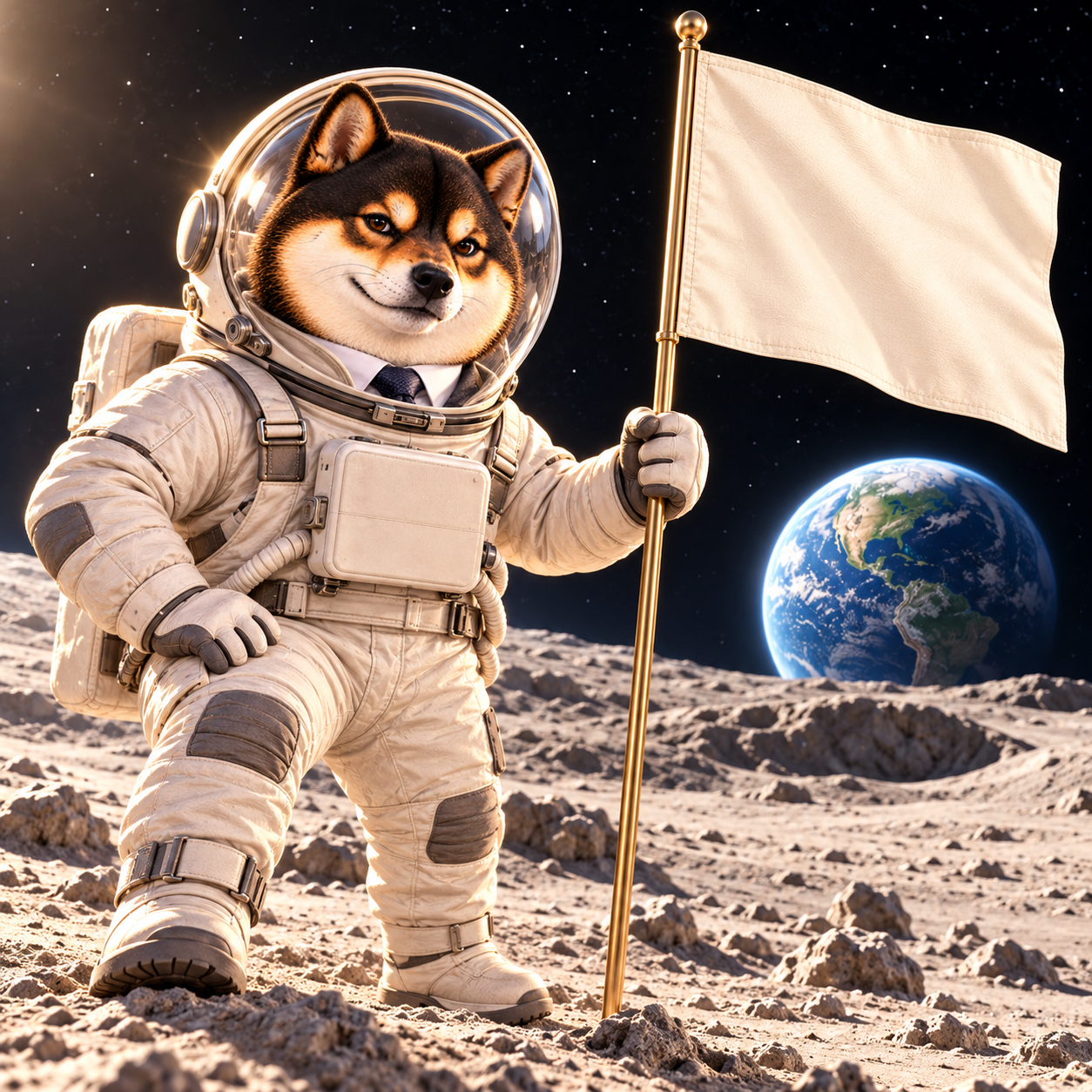 On a moonlike landscape, wearing a clear protective helmet over the same Shiba face and a practical plain space oversuit with a dark necktie visible; planting a completely blank ivory flag, Earth in distance.