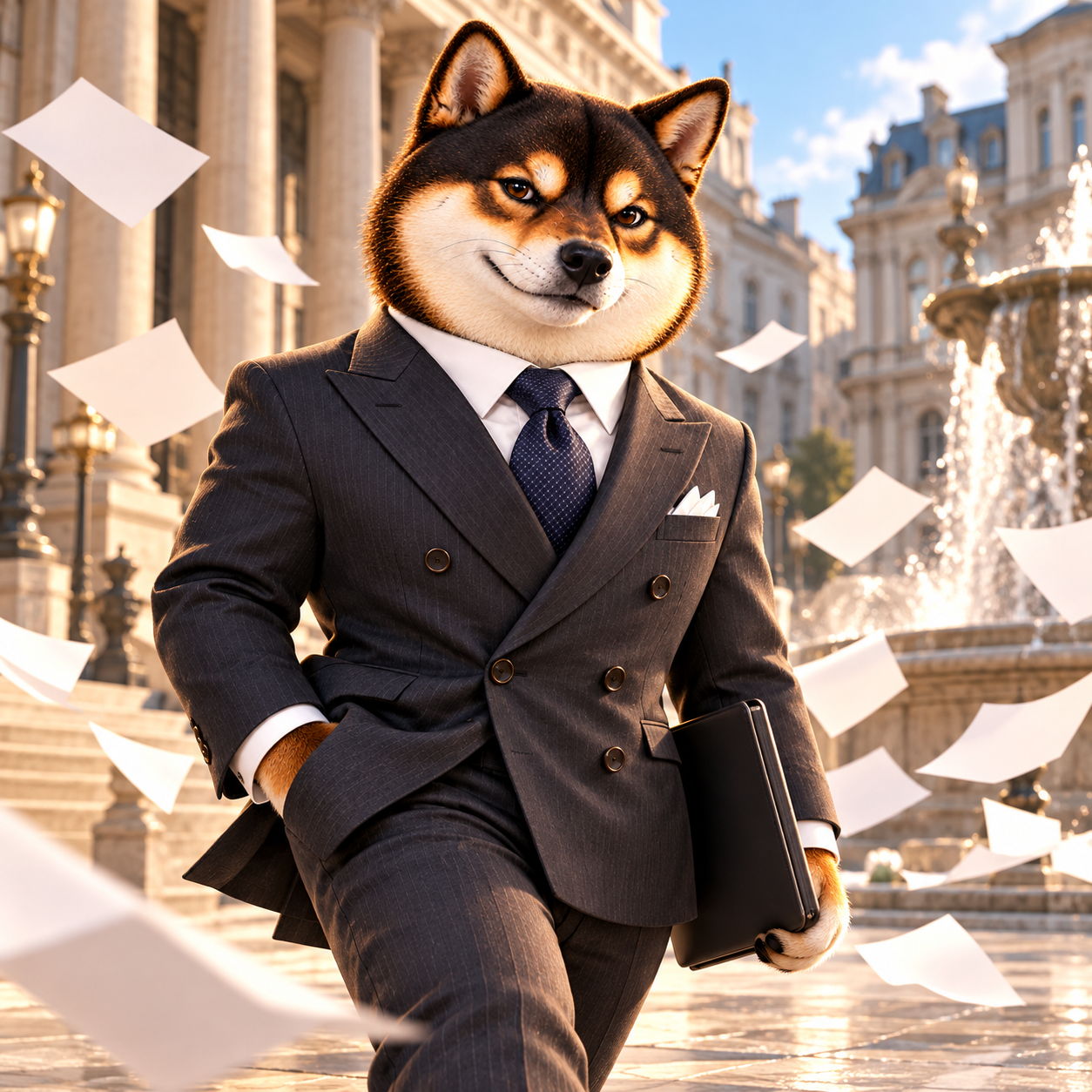Walking calmly through a windswept city plaza while papers swirl around; suit composed and face unbothered; the papers are entirely blank.