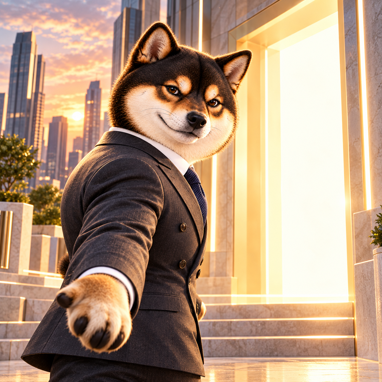 Approaching an elegant glowing rectangular doorway in a modern city at dusk; warm ivory light through the doorway, inviting future, one Shiba seen three-quarter view with face visible.