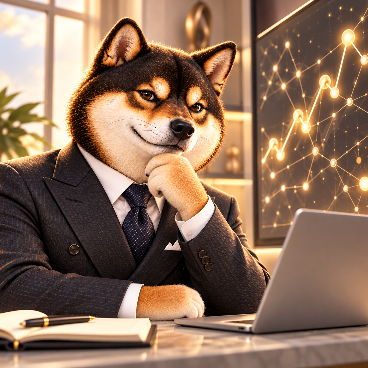 Close-up thoughtful Shiba in a softly lit room studying a wall of abstract glowing geometric dots and lines; absolutely no code characters, letters, numbers or logos.