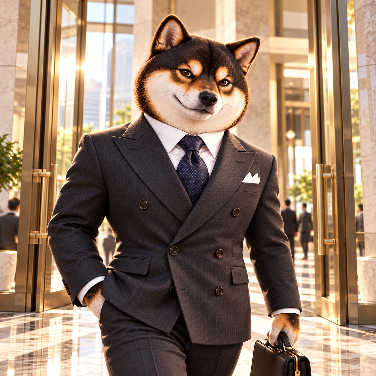 Entering a sunlit glass-and-stone financial building through tall open doors, a confident slight smile, clean lobby reflections and soft warm light.