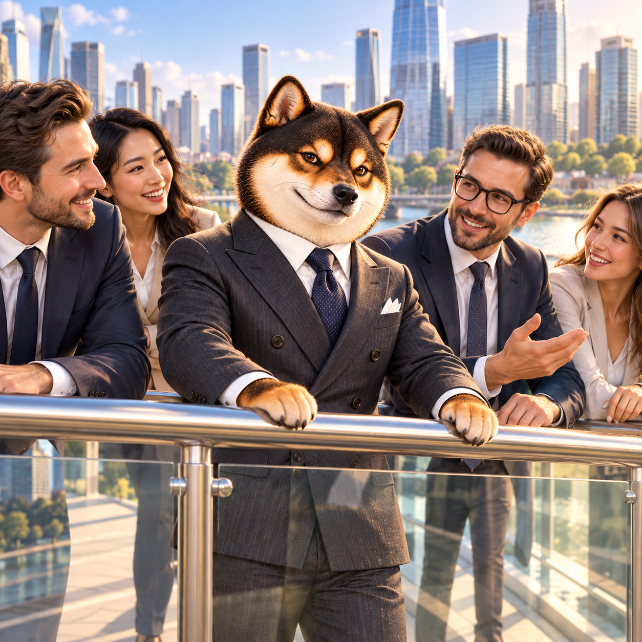 Standing with anonymous builders and financiers on a newly completed glass pedestrian bridge, hands and paws resting on the rail, collaborative energy, modern city background.