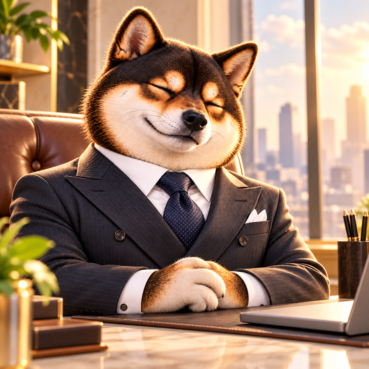 Eyes gently closed, paws loosely clasped on a desk, warm window light, serene patient conviction, small relieved smile; no religious figures or symbols.