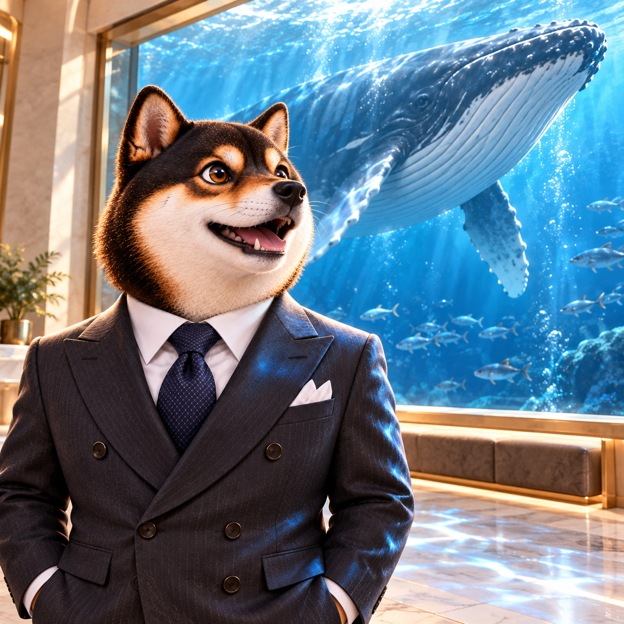 Standing in front of a vast aquarium window as a graceful large whale passes, Shiba's eyes wide with impressed curiosity, reflected blue water light on charcoal suit.