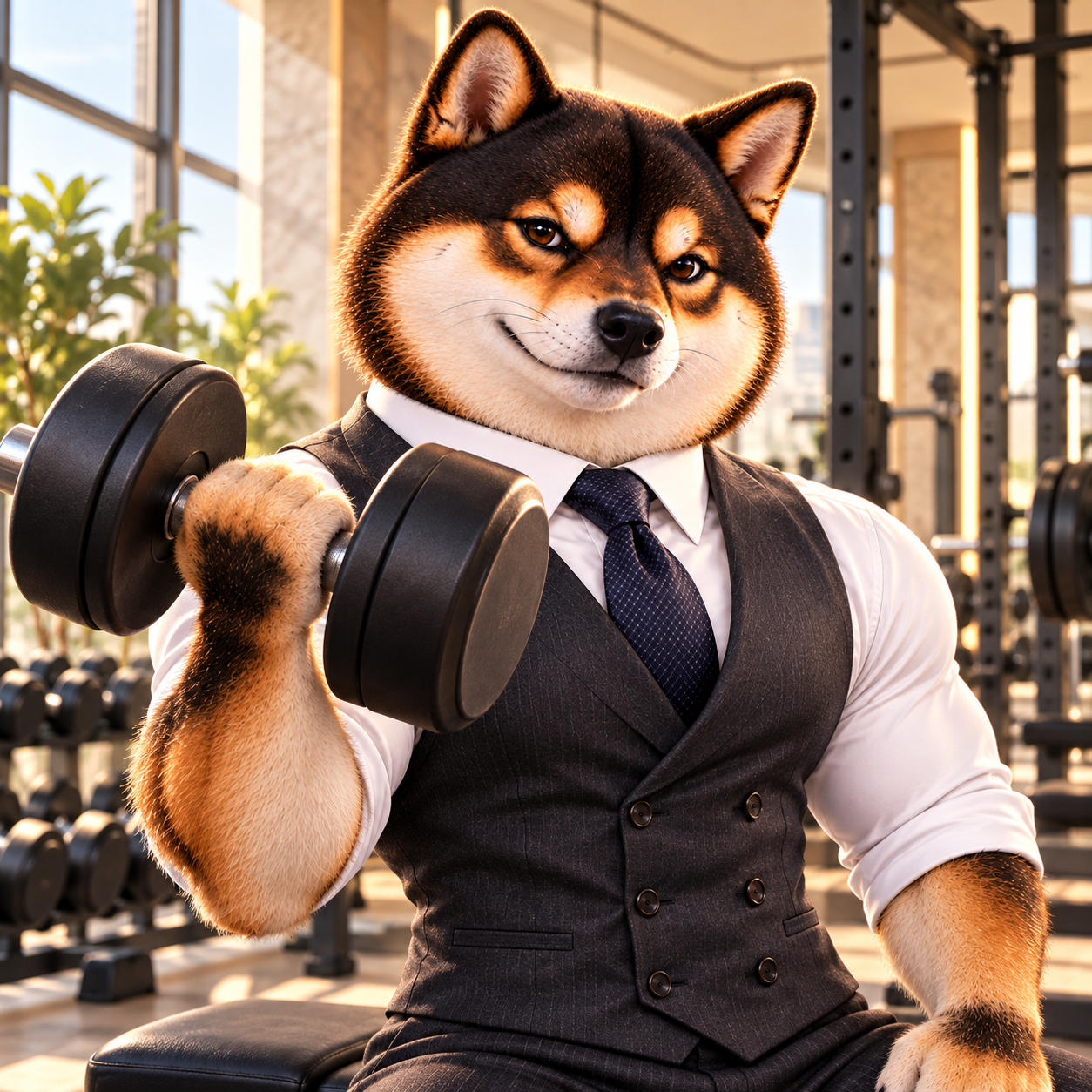 Lifting a plain black dumbbell in a refined gym, suit jacket removed but white shirt, dark tie and waistcoat retained; focused determined expression; no numbers or logos on weights.