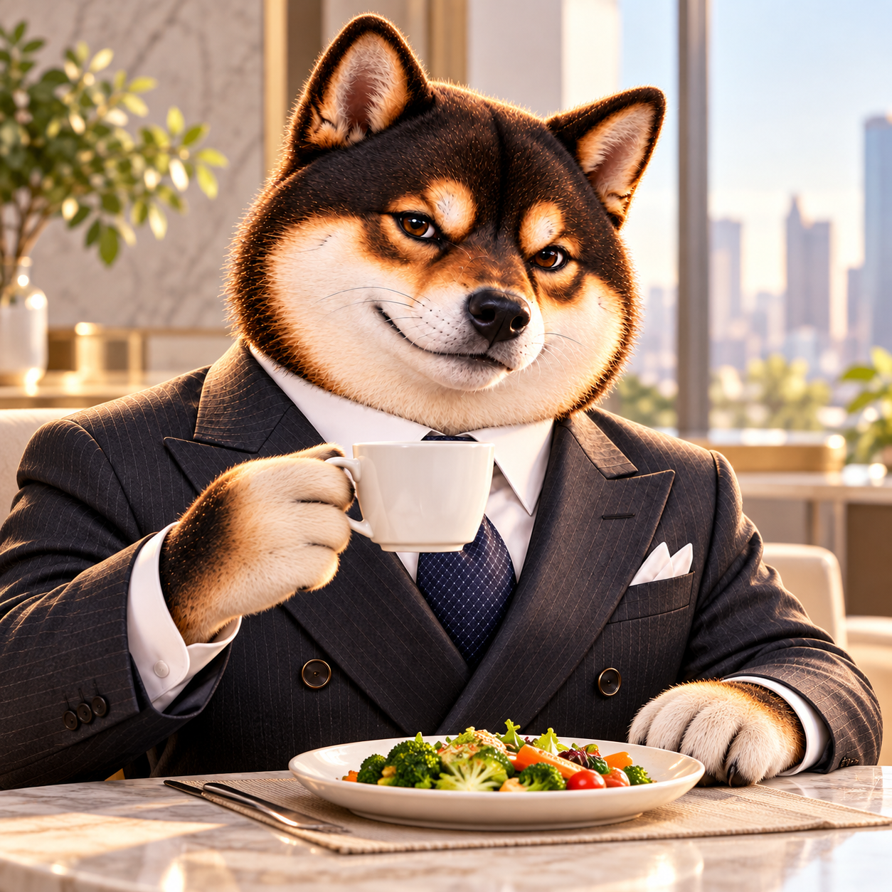 At a clean lunch table carefully balancing a small plate of vegetables and a plain cup, suit neat, comically serious expression, soft daylight.