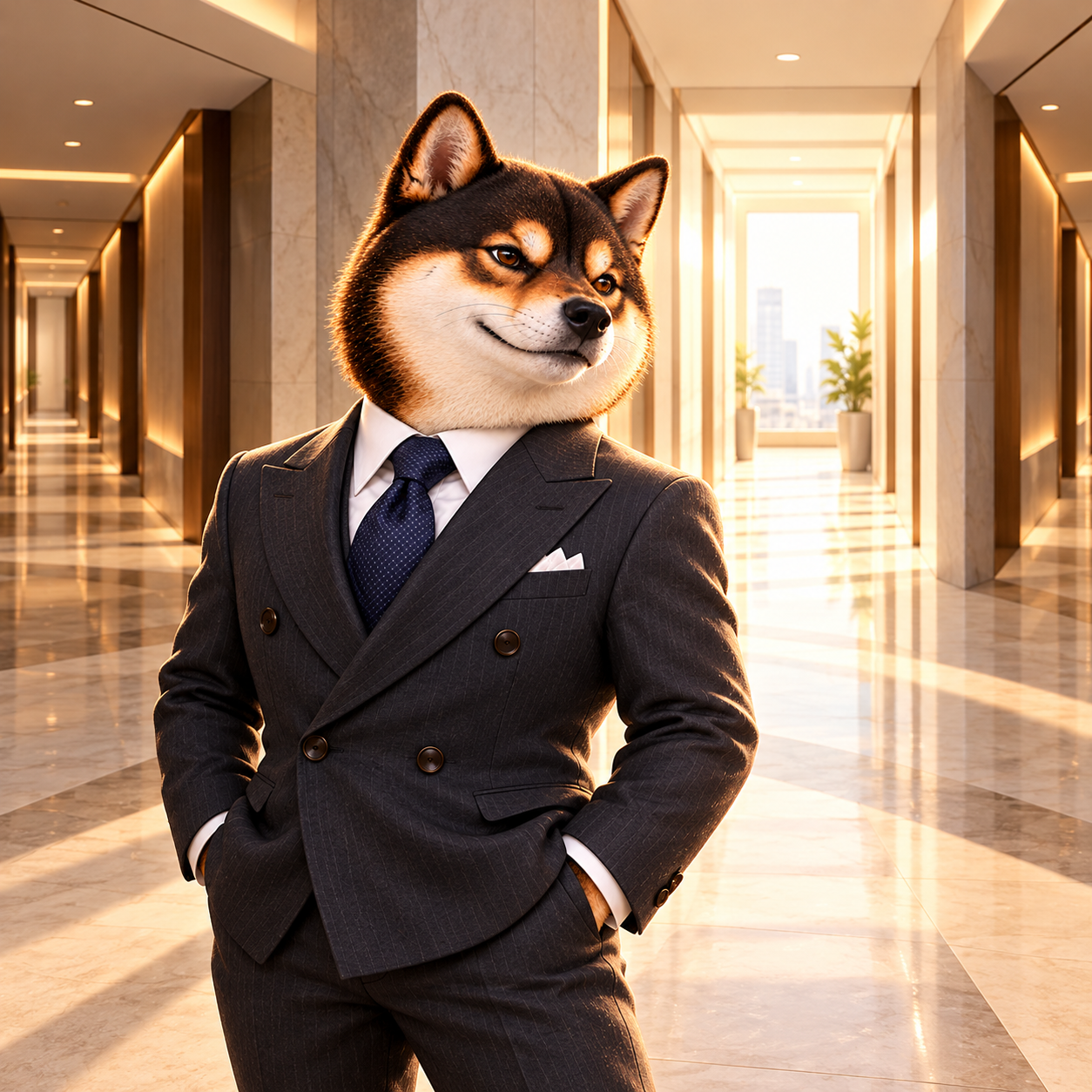 Pausing at the junction of three tasteful unmarked office corridors, looking confidently toward the brightest passage; one unified architectural scene with no letters or symbols.