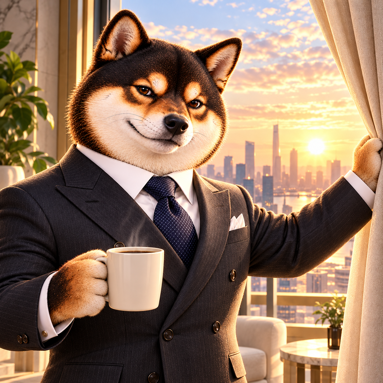 Opening curtains to a glowing dawn skyline while holding a plain ivory coffee mug; fresh rested Shiba expression, crisp shirt and dark tie.