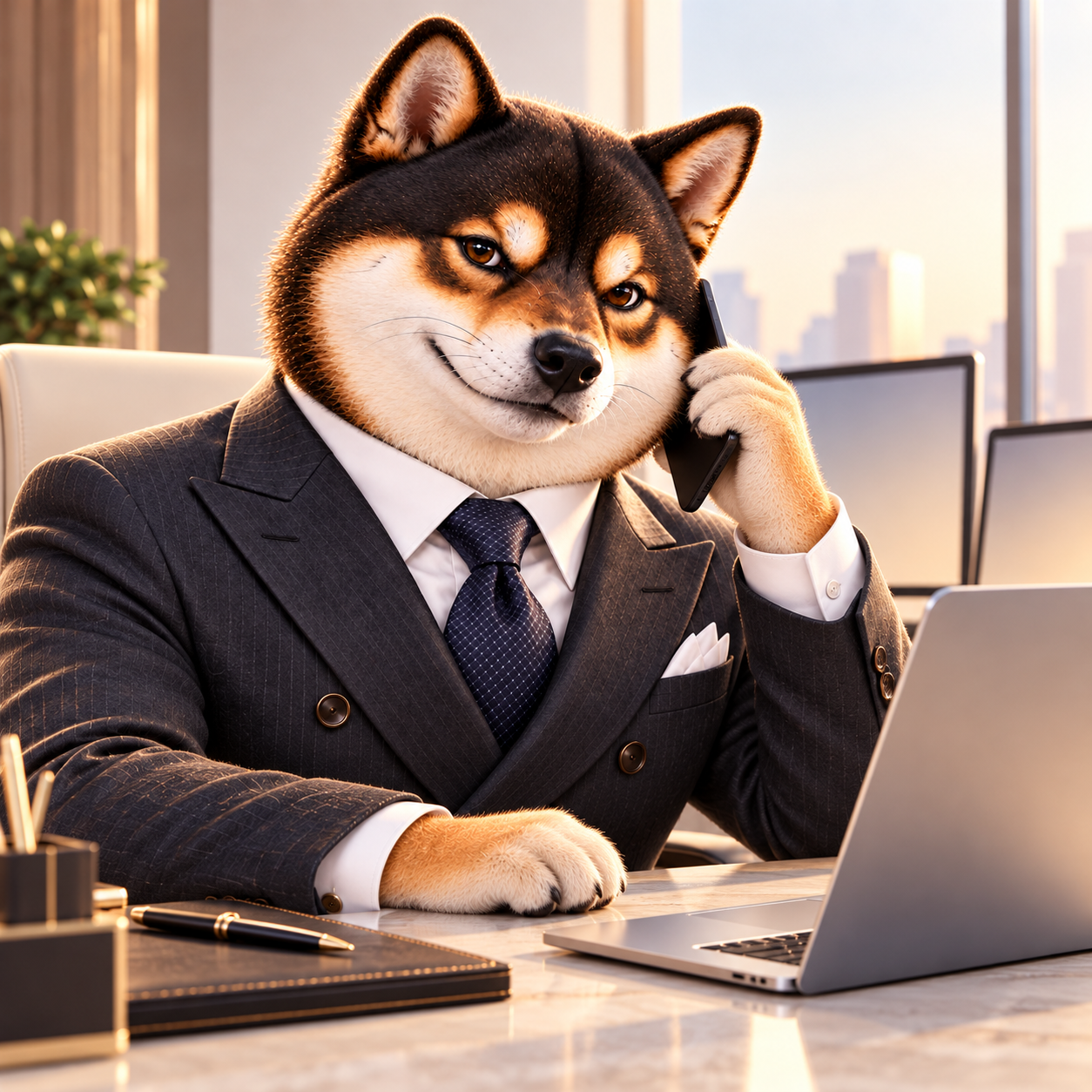 Leaning over a clean workstation, phone to ear and free paw lightly on desk, alert optimistic face; background screens are blank soft gradients with no UI.