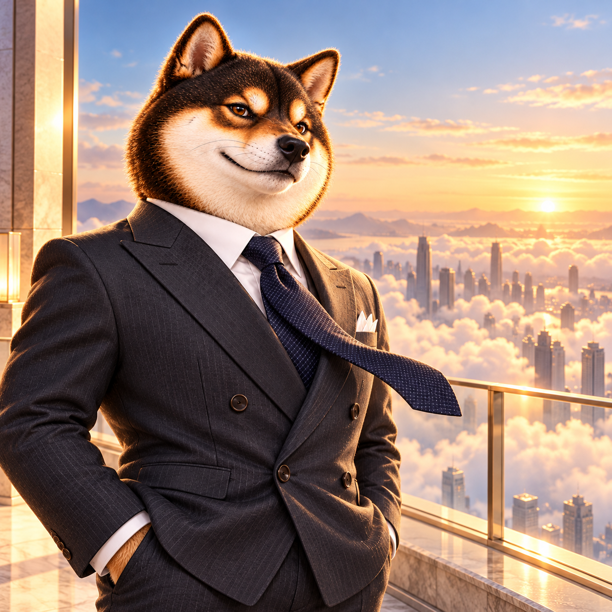 At the observation deck of a tall building above the clouds, admiring the clear dawn horizon; wind gently lifting tie, proud optimistic expression.