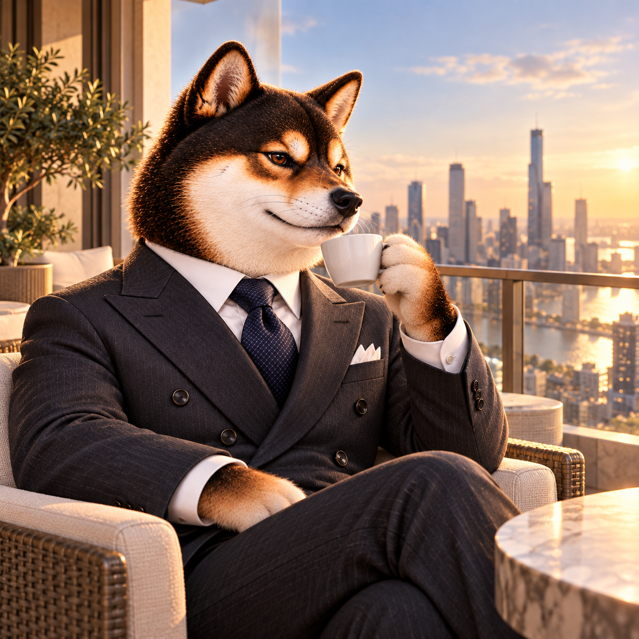 Sitting quietly on a high-rise balcony with a plain ceramic espresso cup, thoughtful side profile, soft warm city lights and clean contemporary furniture.
