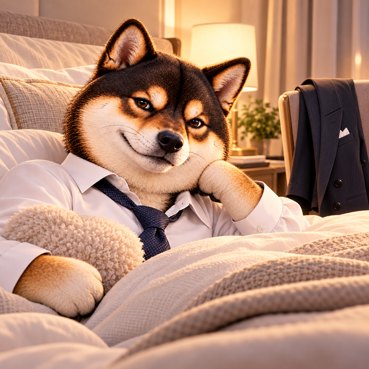Preparing to sleep in a serene ivory bedroom, dark tie neatly loosened and suit jacket folded over a chair; gentle sleepy smile under warm bedside light.