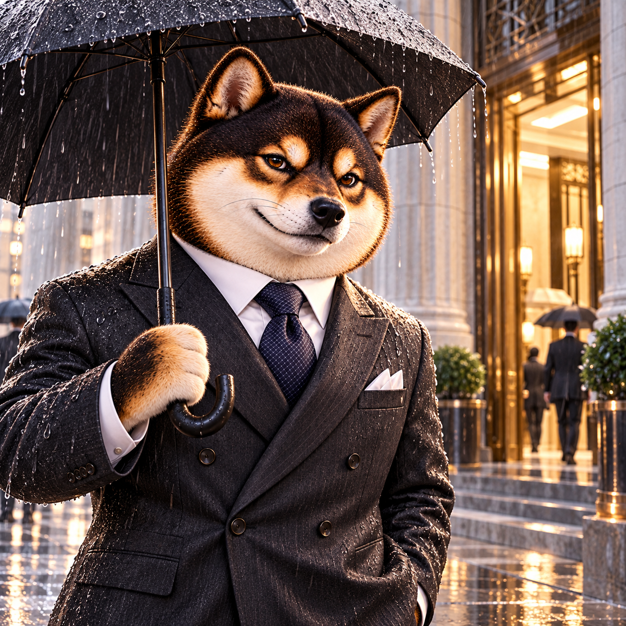 Holding a plain dark umbrella in heavy rain outside a financial building, resolute tired expression, charcoal suit, warm doorway ahead.