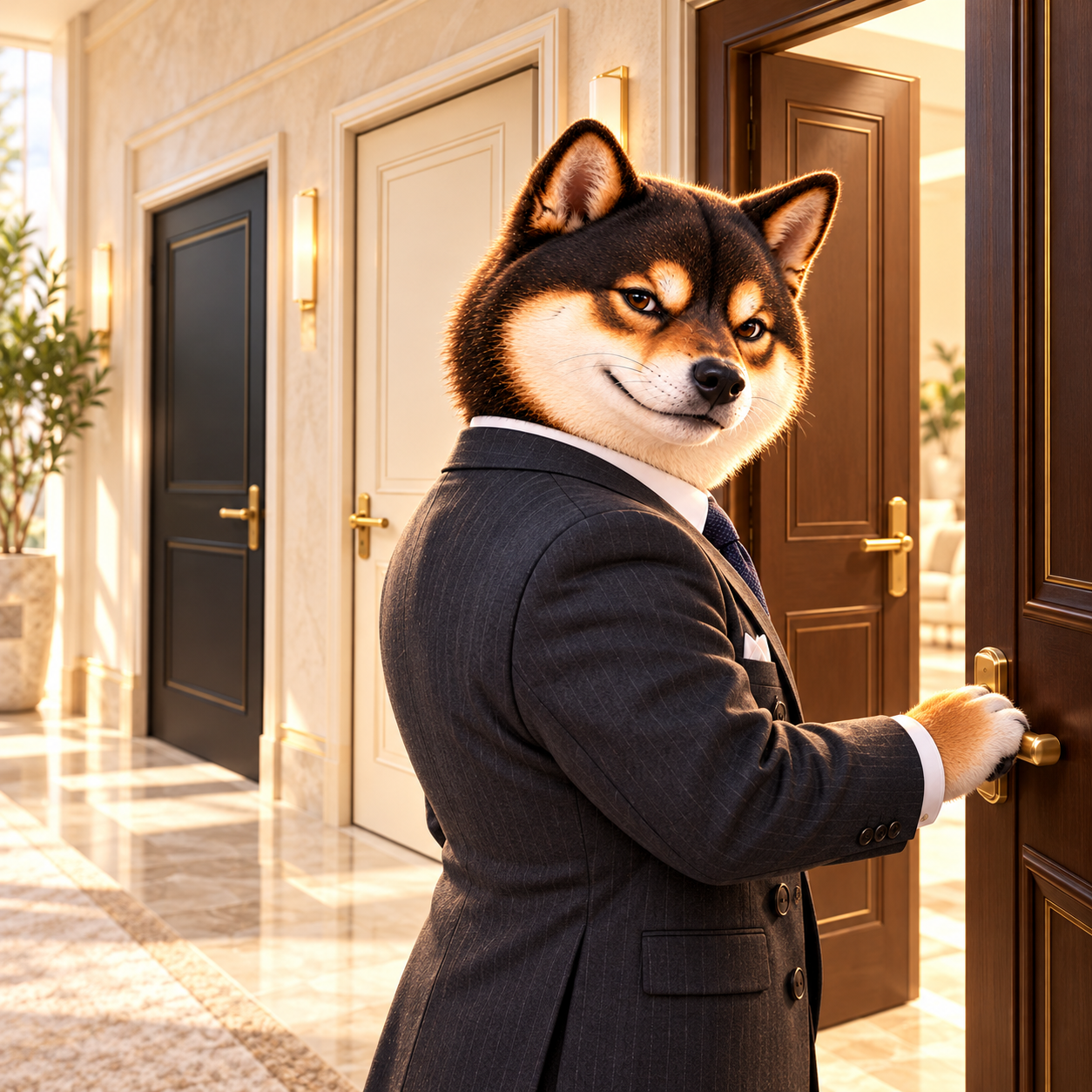 In a stylish corridor with three different unmarked doors, opening one with a paw and glancing back with a knowing grin; bright clean framing, no signs.