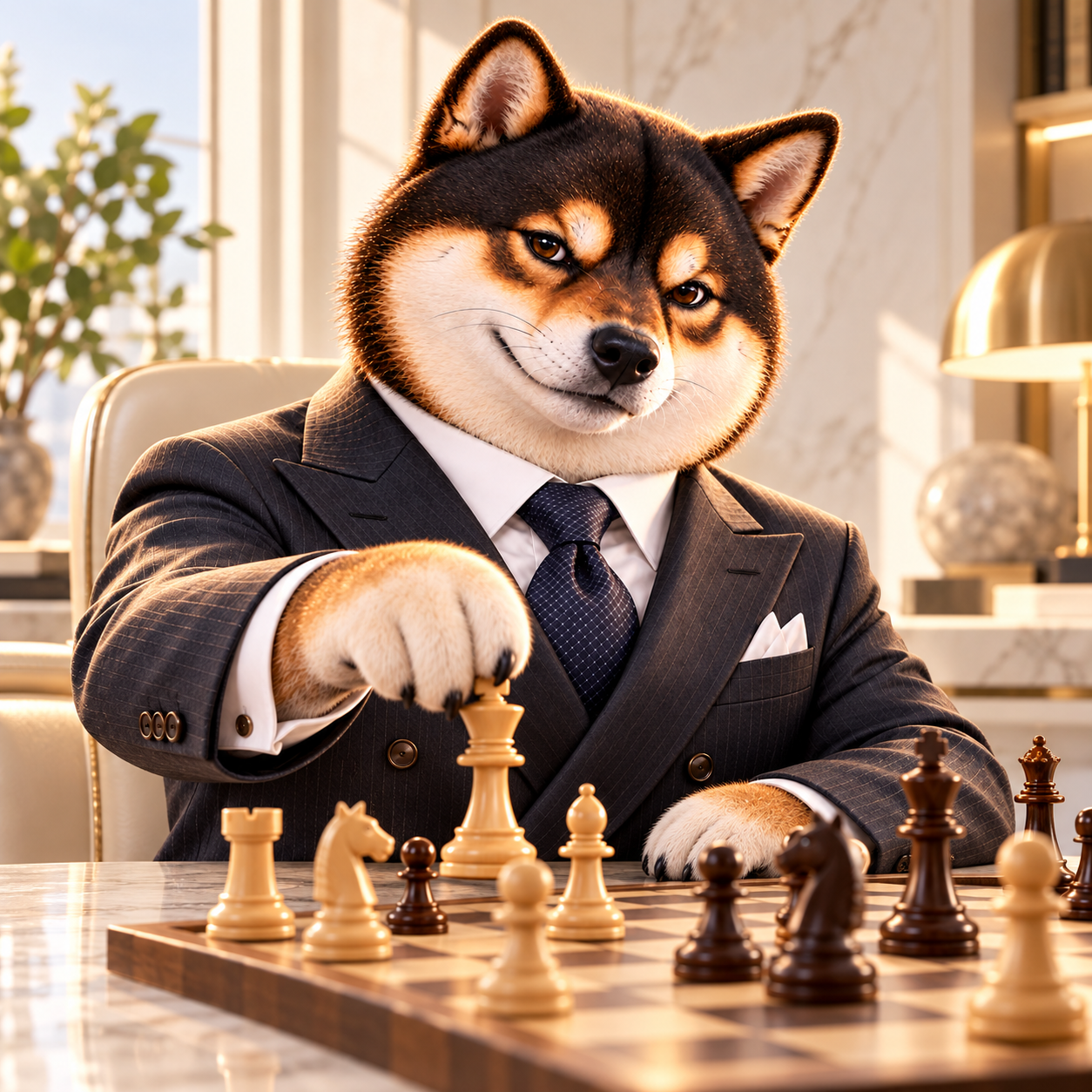 At a modern chess table, carefully moving a plain wooden chess piece with one paw, intense amused focus, quiet ivory room; no betting chips, cards, coins or written markings.