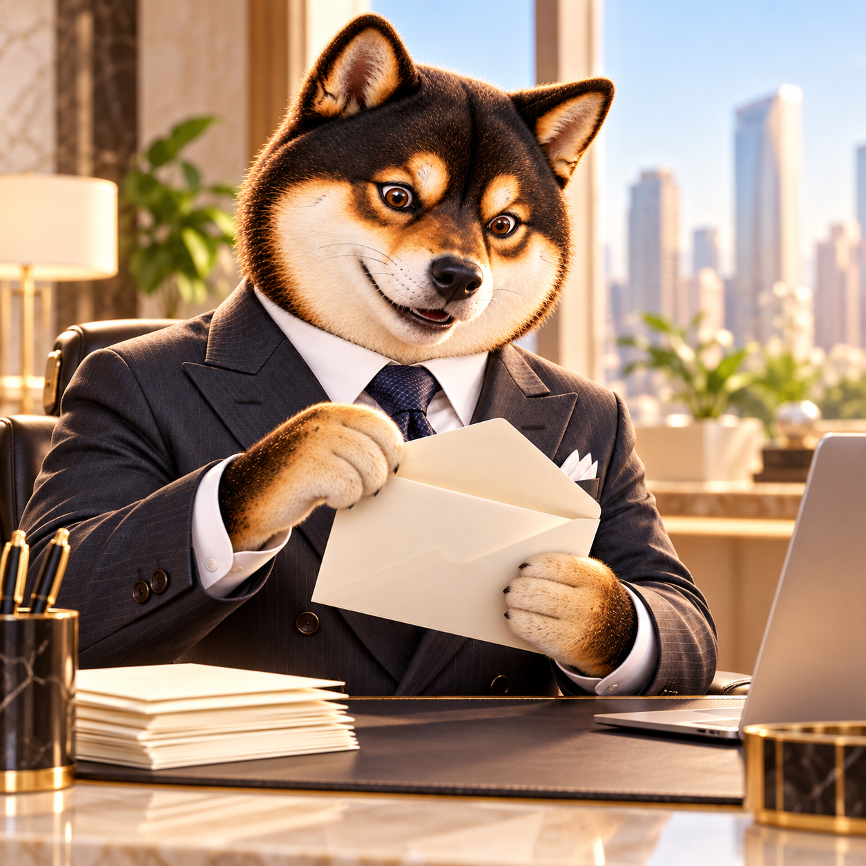 Opening a completely blank cream envelope at the office desk, pleasantly surprised brows, a small stack of other blank envelopes nearby.