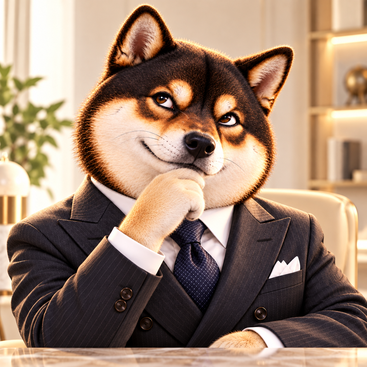Tight portrait of the Shiba with one paw under chin, eyes looking upward in concentration, clean softly lit ivory background, humorous thoughtful expression.