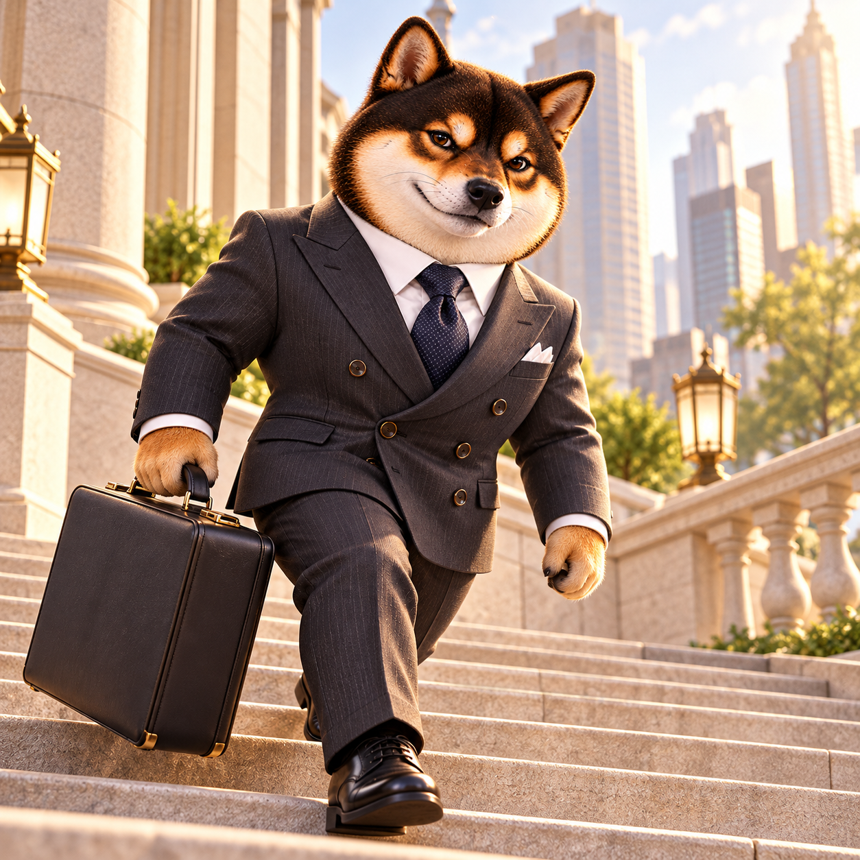 Carrying a large plain dark suitcase up a broad city staircase, determined friendly grin, upright posture; no badges, emblems or lettering.