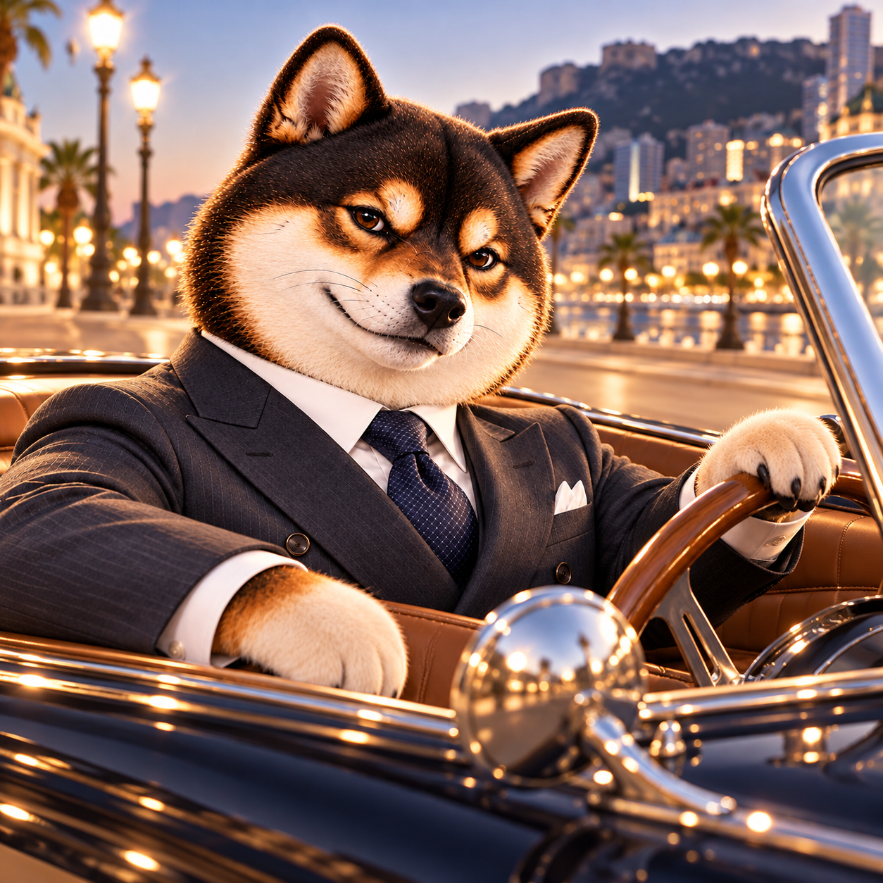 Driving a tasteful unbranded classic roadster through a softly lit city at night, suit and tie crisp, confident relaxed face; dashboard unmarked and unreadable.