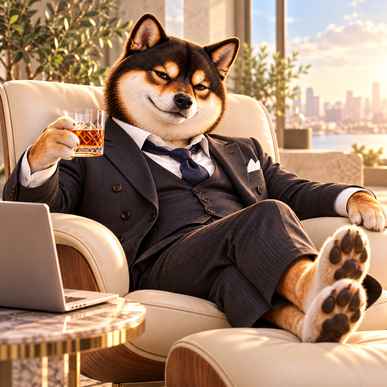 Reclining in a contemporary ivory lounge chair with eyes half-closed, shoes off, waistcoat and loosened tie, warm sunlight, calm good-humored expression.