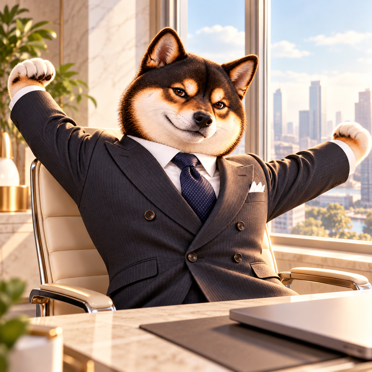 Stretching both arms beside an office window after a restorative break, alert happy Shiba face, clean morning sunlight; no electrical symbols or screen UI.