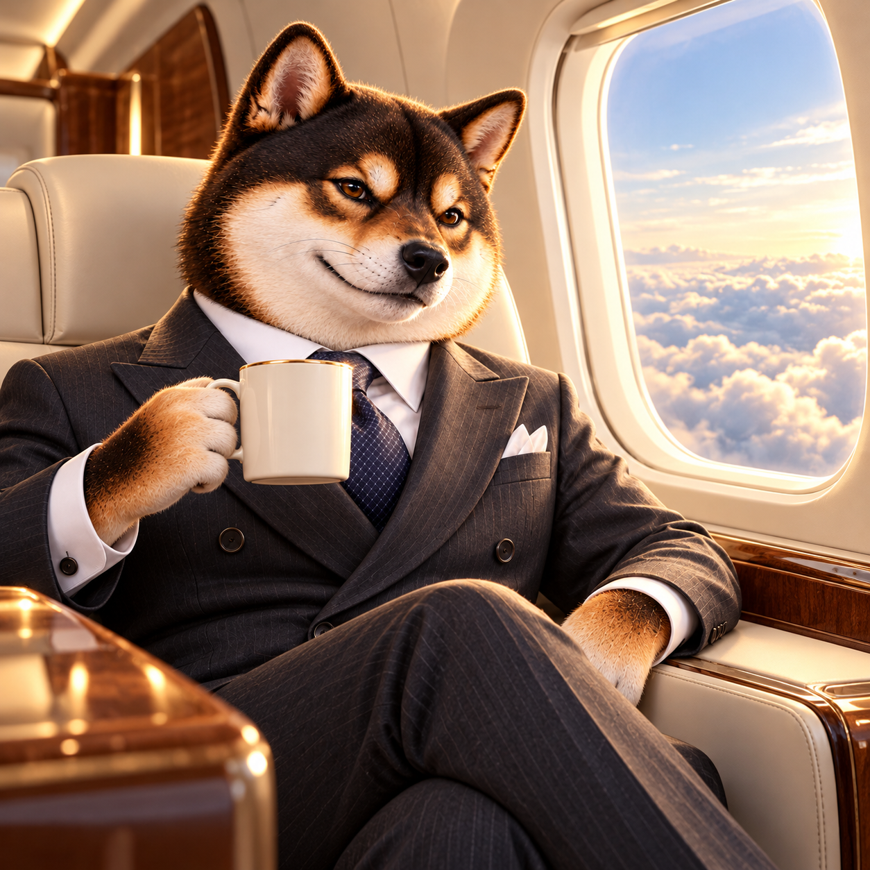 Seated beside the window of an elegant unbranded airplane cabin, holding a plain mug, quietly enjoying the cloud view, no logos or luggage tags.